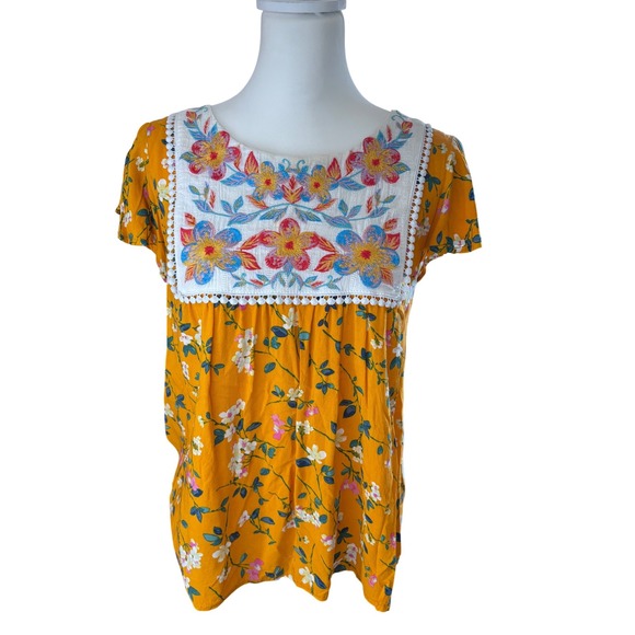 Savanna Jane Tops - Savanna Jane Cottagecore Yellow Floral Embroidered Boho Pom Pom Trim Blouse M